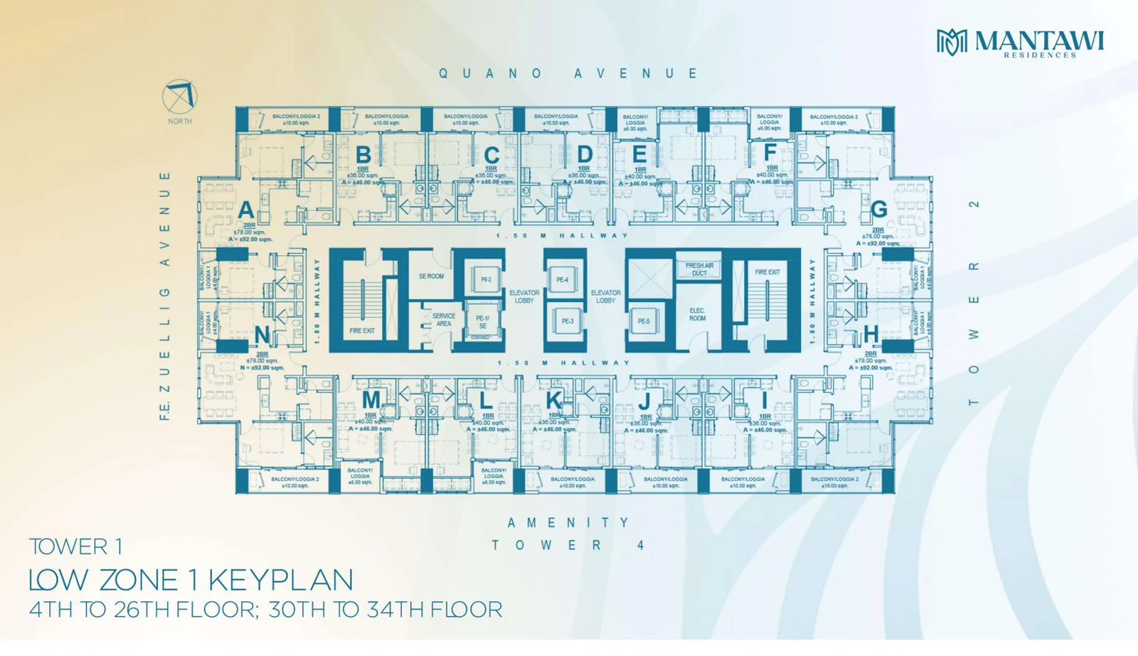 Low Zone 1 keyplan, 4th–26th and 30th–34th floor, Mantawi Residences Tower 1