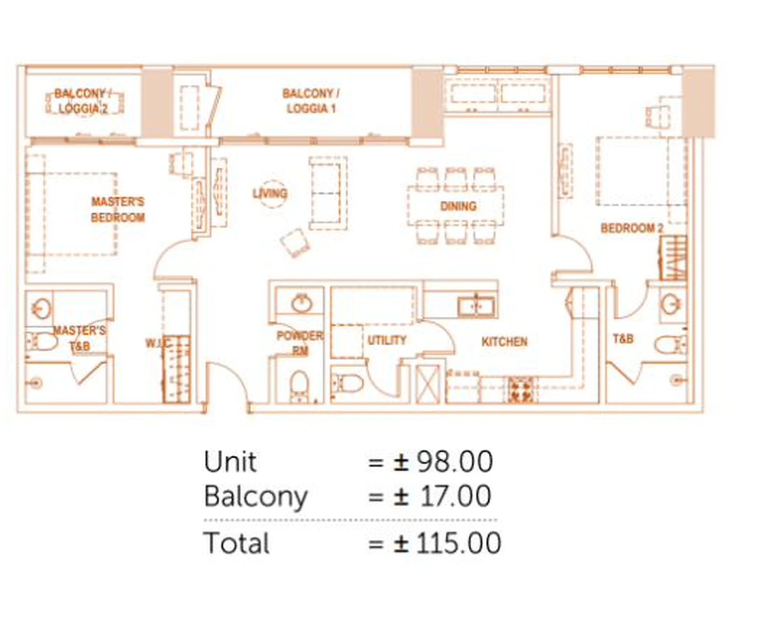 2 Bedroom · 115 sqm 115 sqm developer plan floor plan, Mantawi Residences Tower 1