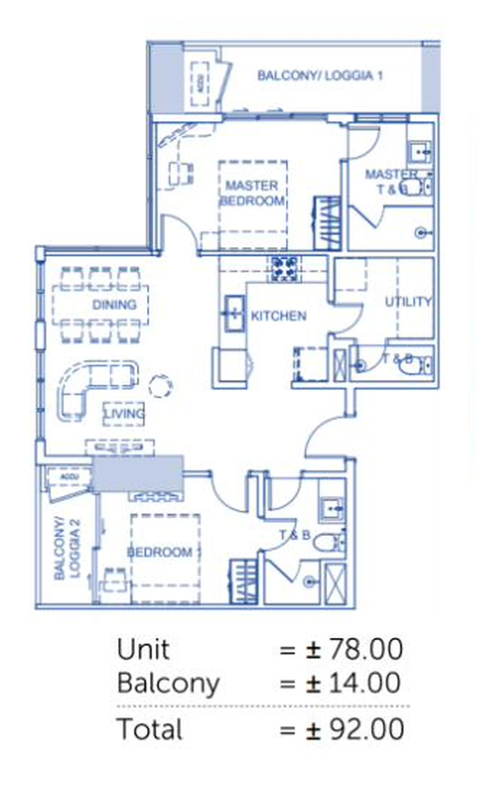 2 Bedroom · 92 sqm 92 sqm developer plan floor plan, Mantawi Residences Tower 1